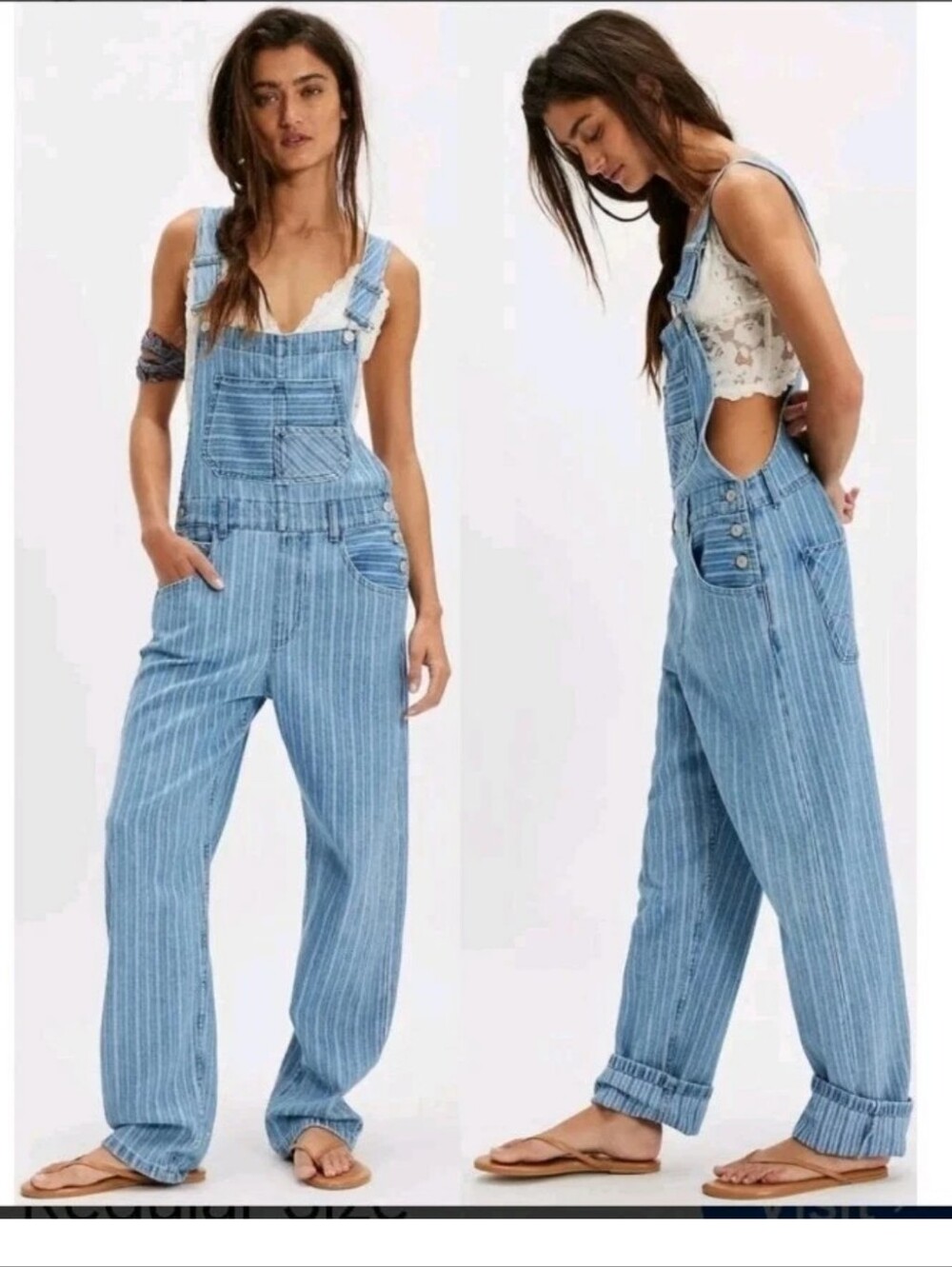 Free People Woman XL Ziggy Bib Overalls Blue Hickory Striped Denim Beachcombers